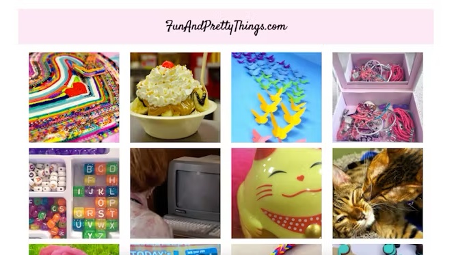Screenshot of FunAndPrettyThings.com, an in-fiction website showing a grid of colorful photos of crafts, food, and personal items, designed to look like a real personal hobby blog, but hiding clues for ARG players.