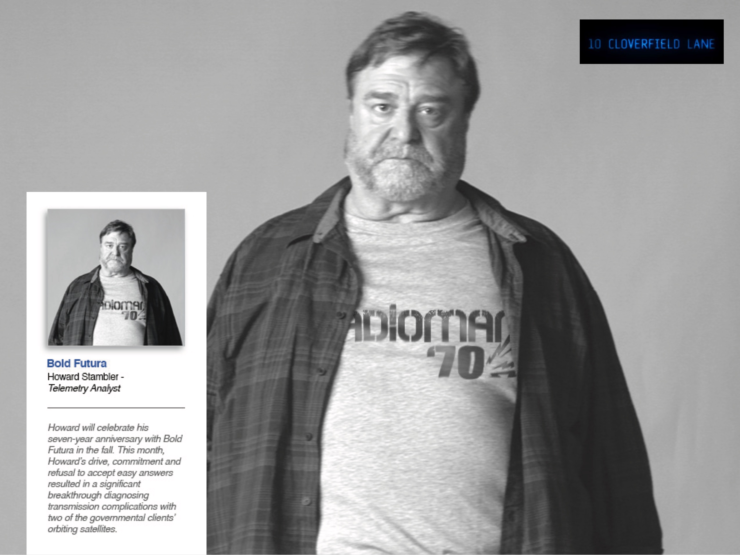 Story element from the 10 Cloverfield Lane ARG campaign, featuring John Goodman as Howard Stambler, with text on the image about Howard being honored as an Employee of the Month at Bold Futura. Howard's shirt shows the words 