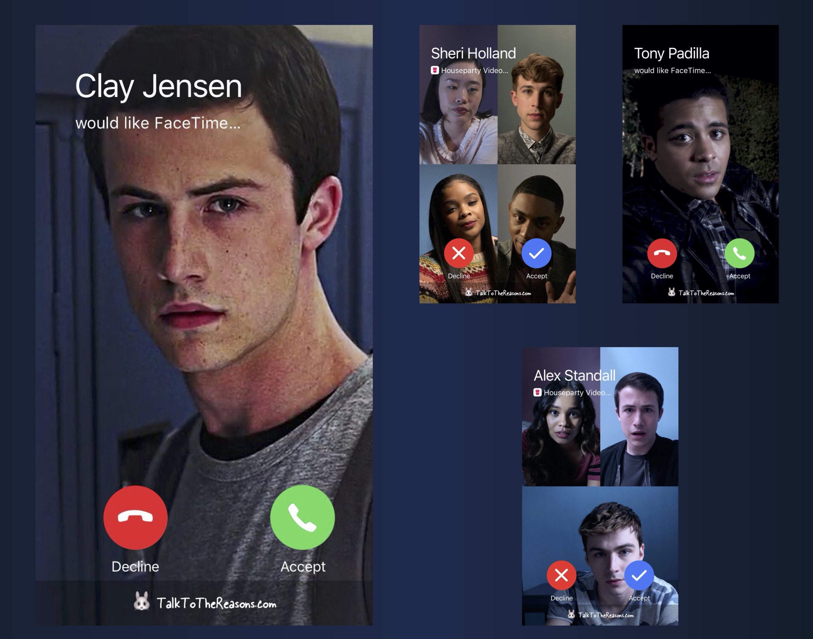 Promotional image for 13 Reasons Why: Talk to the Reasons, featuring the show's cast on phone screens, making FaceTime and Houseparty video calls.