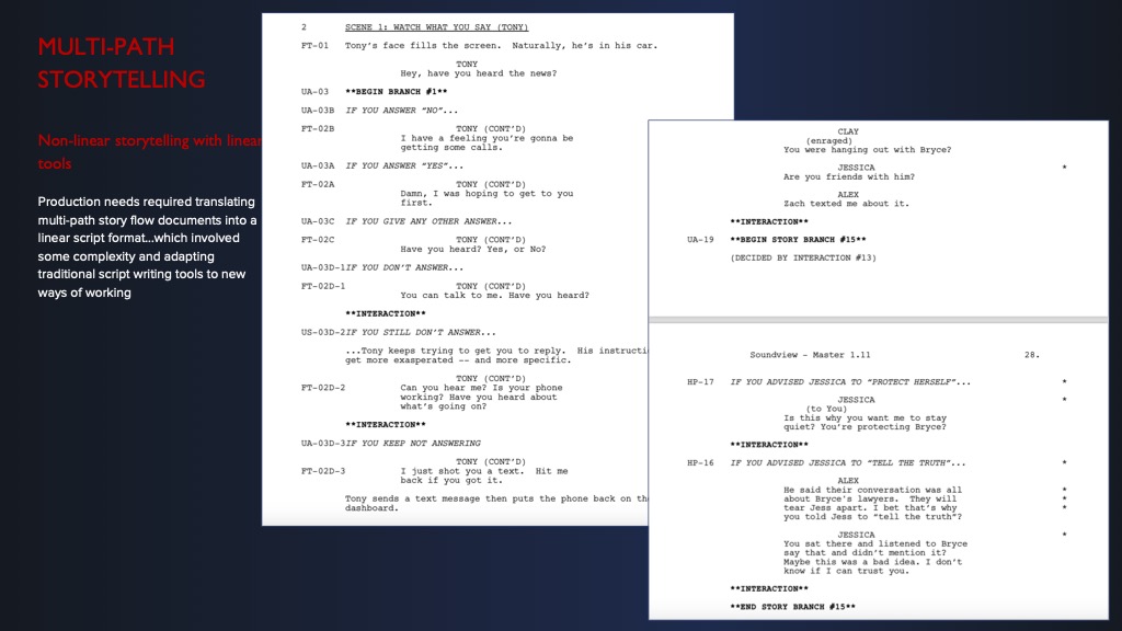 A two-panel presentation slide titled 'Multi-Path Storytelling' showing a branching IVR script for a scene with characters Tony and Jessica, with nested conditional branches for player responses, alongside explanatory text about adapting non-linear story flow into a linear script format.