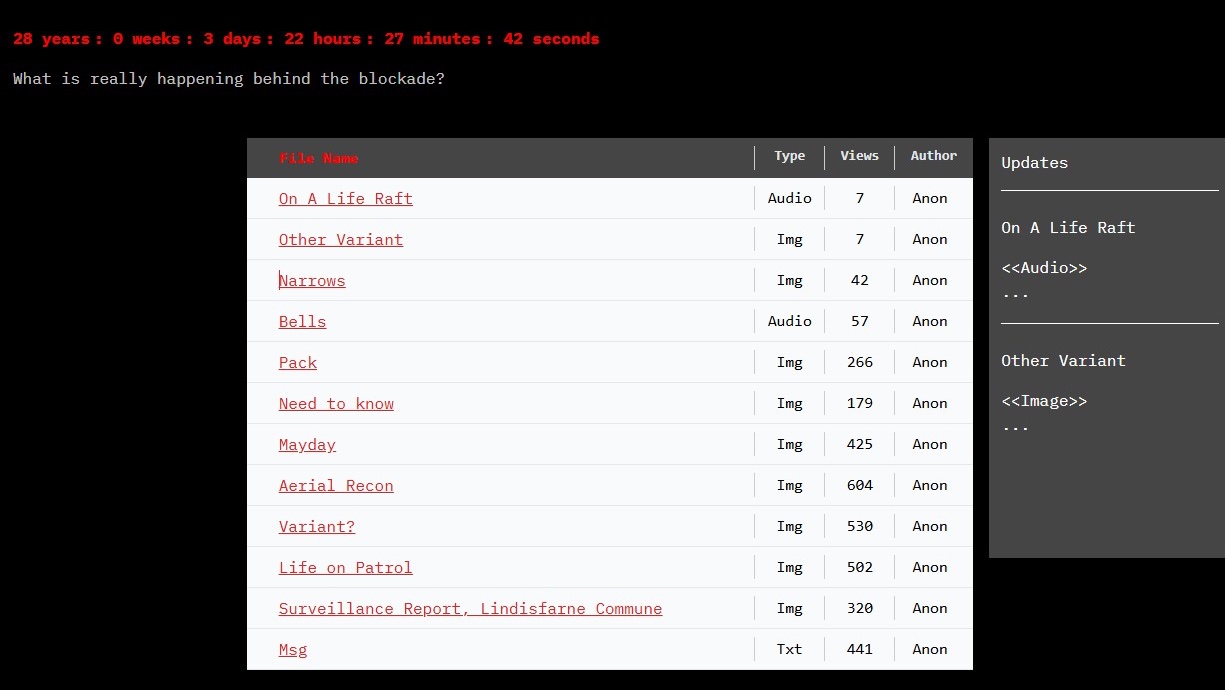 Screenshot of the Rageleaks website, an in-fiction repository showing a table of leaked files with names including 'On A Life Raft,' 'Arrows,' 'Bells,' and 'Mayday,' each tagged by media type, view count, and anonymous author.