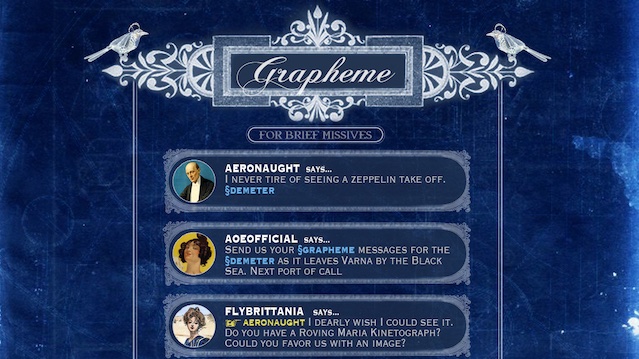An illustrated in-fiction social network feed for a Victorian version of Twitter: 'Grapheme.' The feed shows posts from accounts named Aeronaught, AOEofficial, and FlyBrittania, discussing the voyage of the zeppelin Demeter.