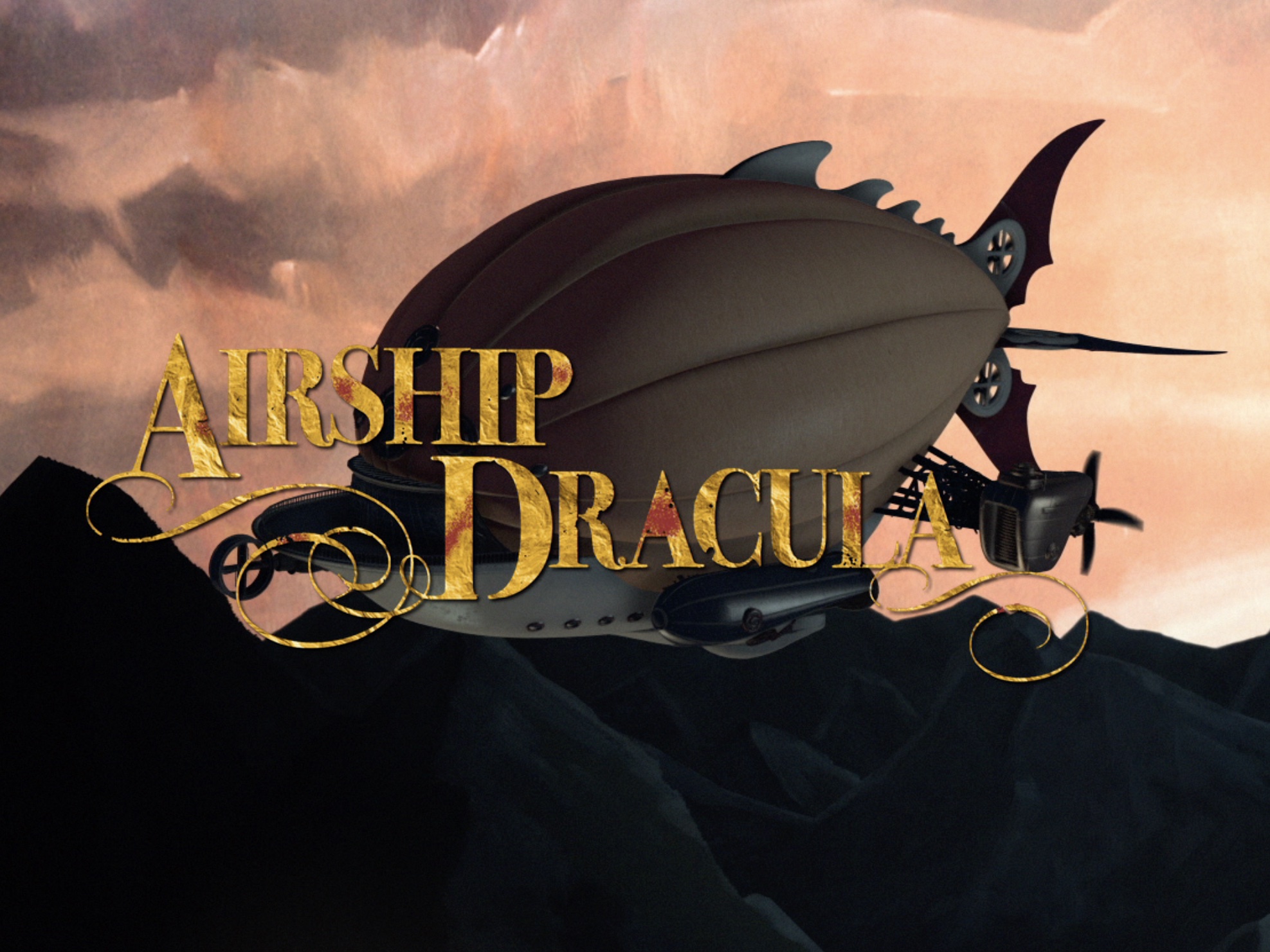 Promotional image for Airship Dracula, showing a steampunk zeppelin silhouetted against a dramatic sky, evoking the series' reimagining of Bram Stoker's Dracula in an alternate-history Victorian setting.