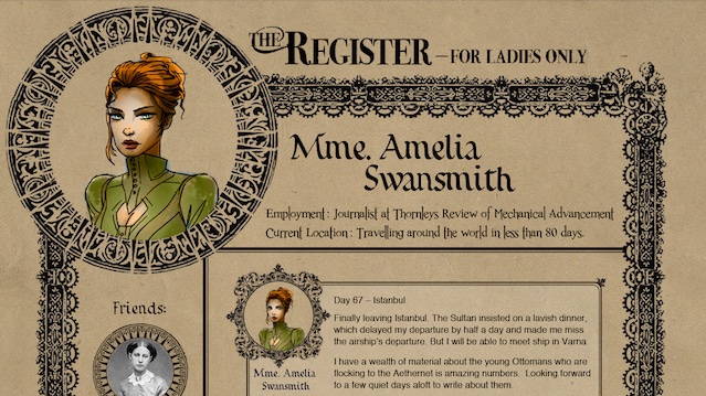 An illustrated in-fiction social network profile page for a Victorian version of Facebook: 'The Register — For Ladies Only.' It shows the profile for the character Mme. Amelia Swansmith, described as a journalist at Threnleys Review of Mechanical Advancement, currently traveling the world in under 80 days, with a friend list and a journal entry about departing Istanbul.