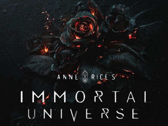 Promotional hero image for the Anne Rice Immortal Universe, featuring a deep red rose against a dark, atmospheric background evoking the gothic tone of the franchise.