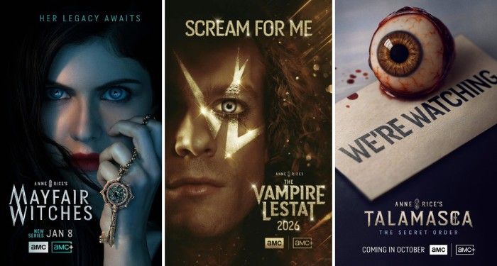 Three AMC promotional posters side by side: Mayfair Witches, The Vampire Lestat 2026, and Talamasca: The Secret Order.