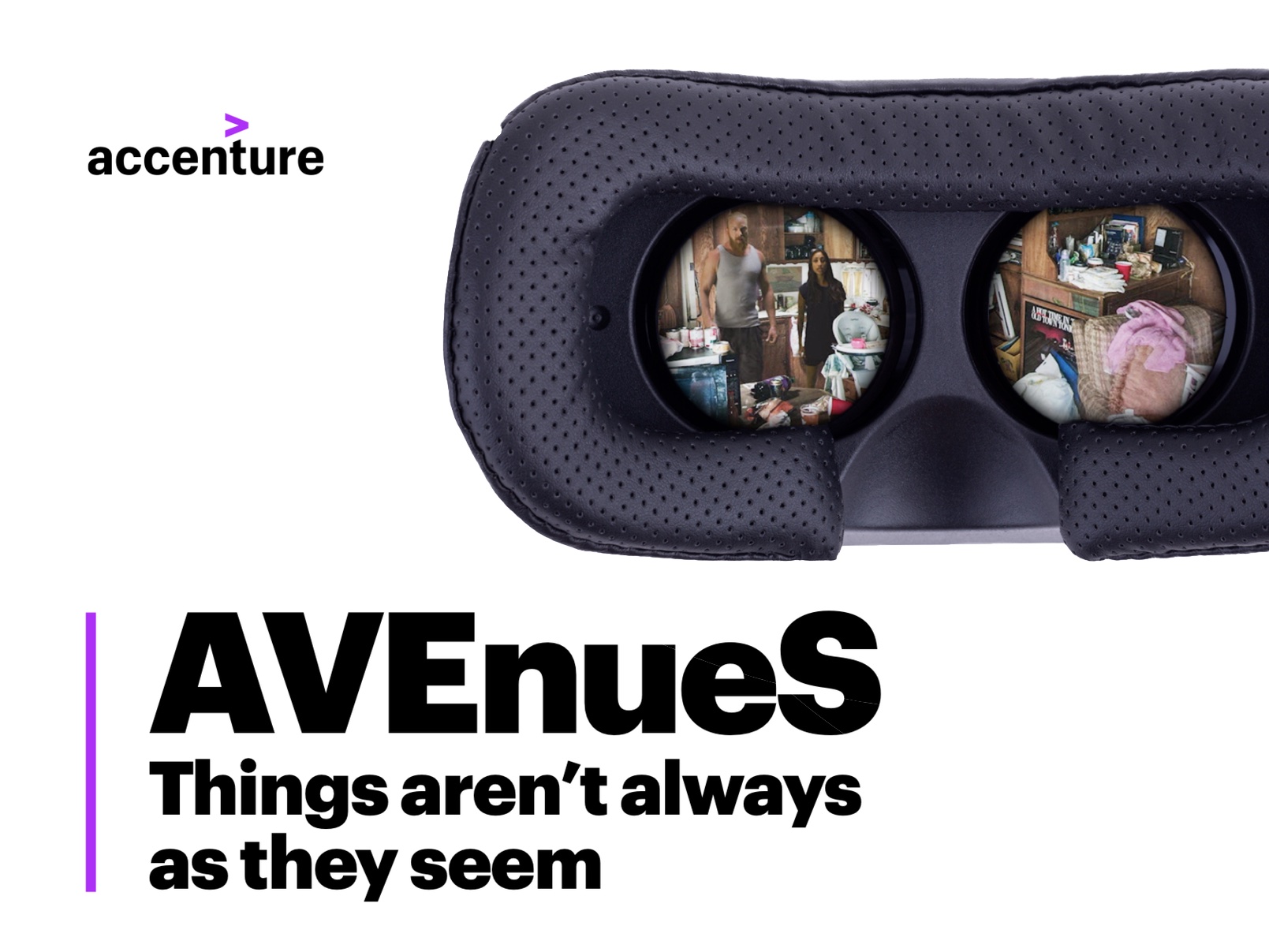 Promotional image for AVEnueS VR by Accenture and Moth+Flame, showing a VR headset with scene imagery visible through the lenses, alongside the AVEnueS wordmark and tagline 'Things aren't always as they seem.'