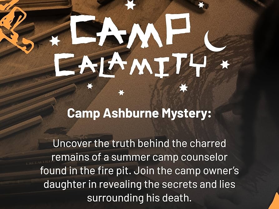 Promotional key art for Hunt A Killer: Camp Calamity showing the game box with illustrated cabin-in-the-woods imagery and the Camp Ashburne branding in a bold, vintage camp style.