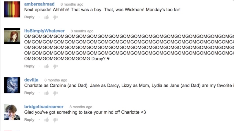 Screenshot of YouTube comment section showing fan reactions to The Lizzie Bennet Diaries, including exclamations about Wickham, a fan typing 'OMGOMG' repeatedly about Darcy, and comments debating character parallels to Pride and Prejudice.