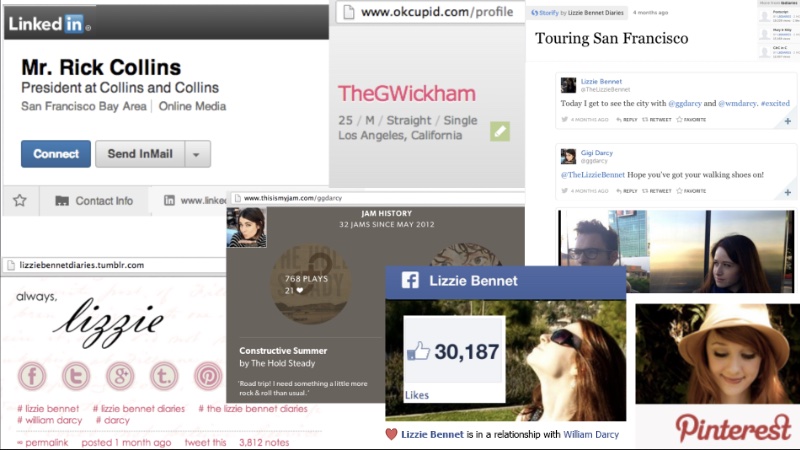 A composite screenshot of character social media profiles including Mr. Rick Collins on LinkedIn, TheGWickham on OKCupid, Lizzie Bennet's Tumblr, Gigi Darcy's playlist, Lizzie Bennet's Facebook page, and character Twitter exchanges, illustrating the transmedia world of the series.