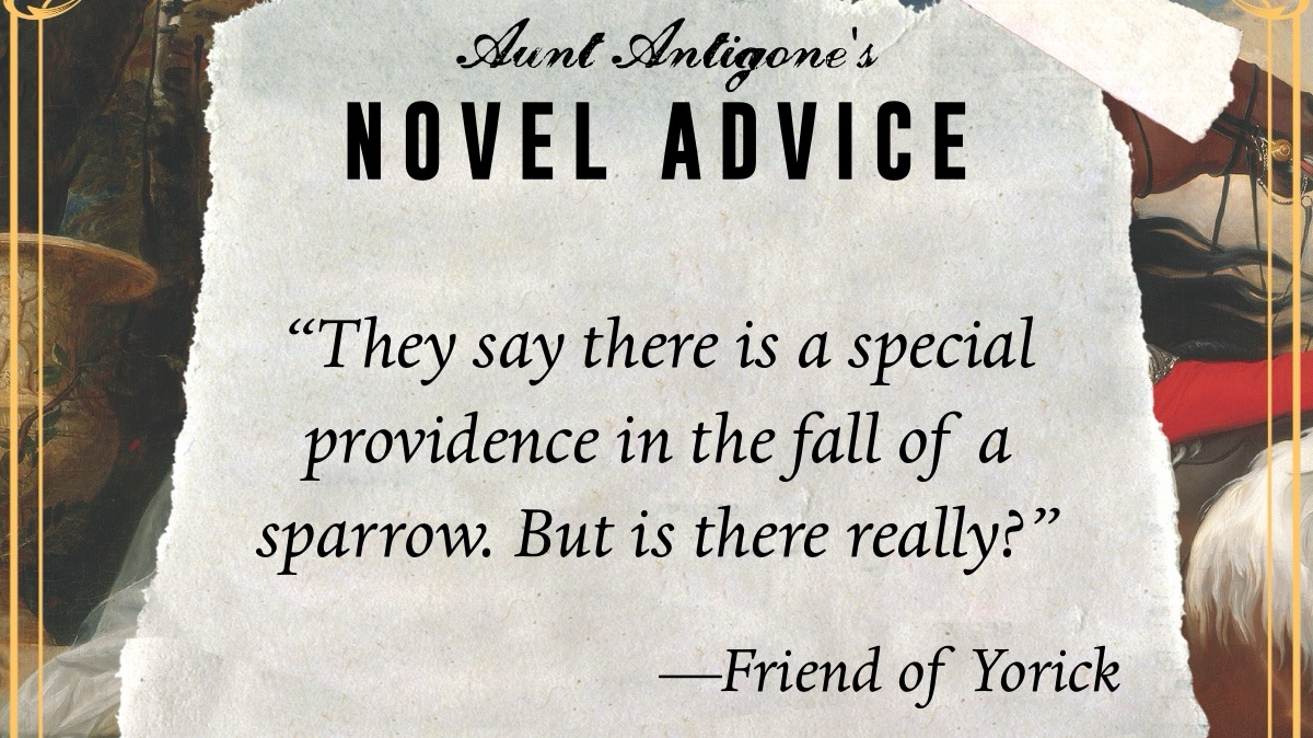 Pull quote from Novel Advice reading: 'They say there is a special providence in the fall of a sparrow. But is there really?' — attributed to Friend of Yorick, set in elegant italic script over a partially visible classical painting.