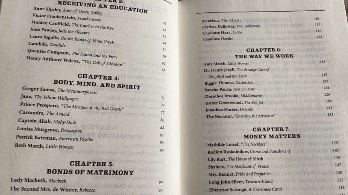 Open spread of the Novel Advice table of contents, listing chapter titles and character names from classic literature — including Anne Shirley, Holden Caulfield, Lady Macbeth, Gregor Samsa, Captain Ahab, and Ebenezer Scrooge — organized into thematic chapters such as 'Receiving an Education,' 'Body, Mind and Spirit,' 'Bonds of Matrimony,' 'The Way We Work,' and 'Money Matters.'