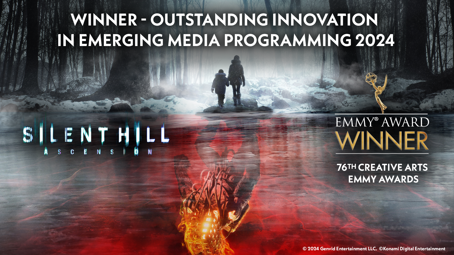 Emmy Award promotional graphic reading 'Winner — Outstanding Innovation in Emerging Media Programming 2024' over Silent Hill: Ascension key art, with the Emmy statuette and '76th Creative Arts Emmy Awards' branding.