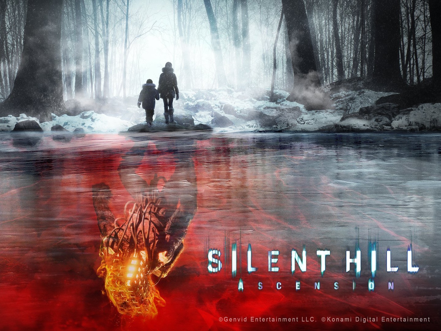 Key art for Silent Hill: Ascension showing two figures standing on a rocky outcrop amid swirling fog. Behind them, the surface of a lake shows a red reflection and a monstrous figure poised to leap out.