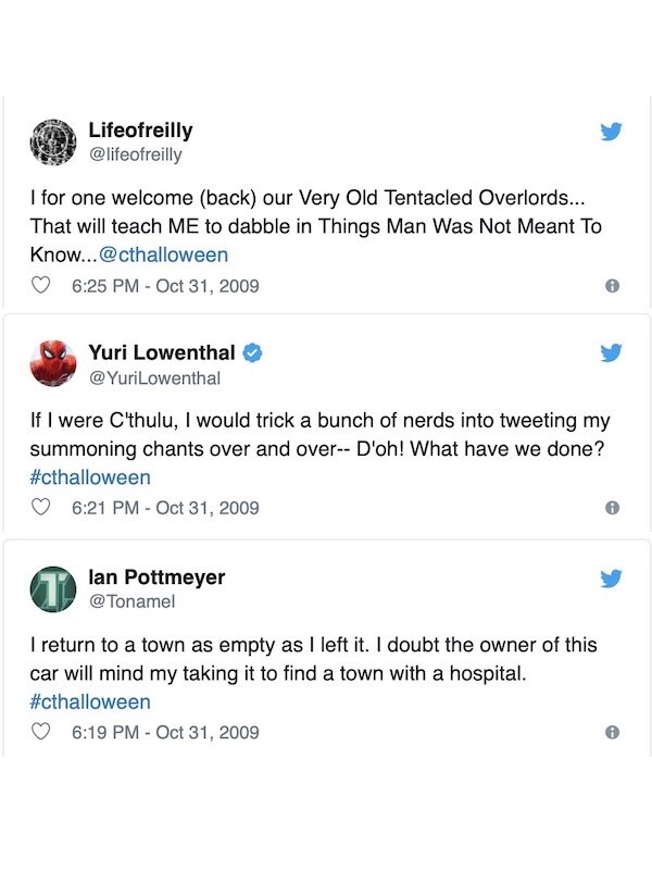 Screenshot of a 2009 Halloween Twitter exchange tagged #cthalloween, showing story posts from @lifeofreilly, @YuriLowenthal, and @Tonamel.