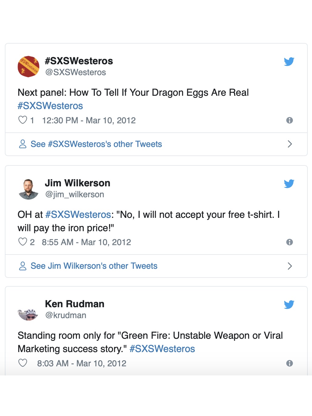 Screenshot from the #SXSWesteros event in 2012, a fictional SXSW-style conference in the Game of Thrones Universe. It shows panel announcements for 'How To Tell If Your Dragon Eggs Are Real' and 'Wild Fire: Unstable Weapon or Viral Marketing Success Story'.