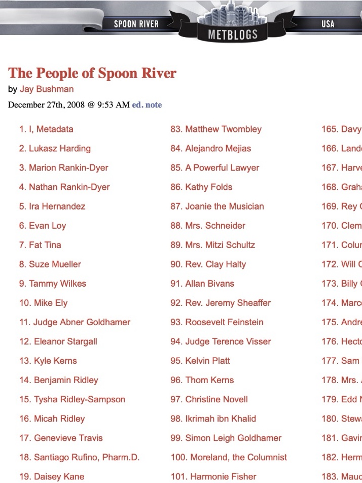 Screenshot of the Spoon River Metblog, with a partial list of character names.
