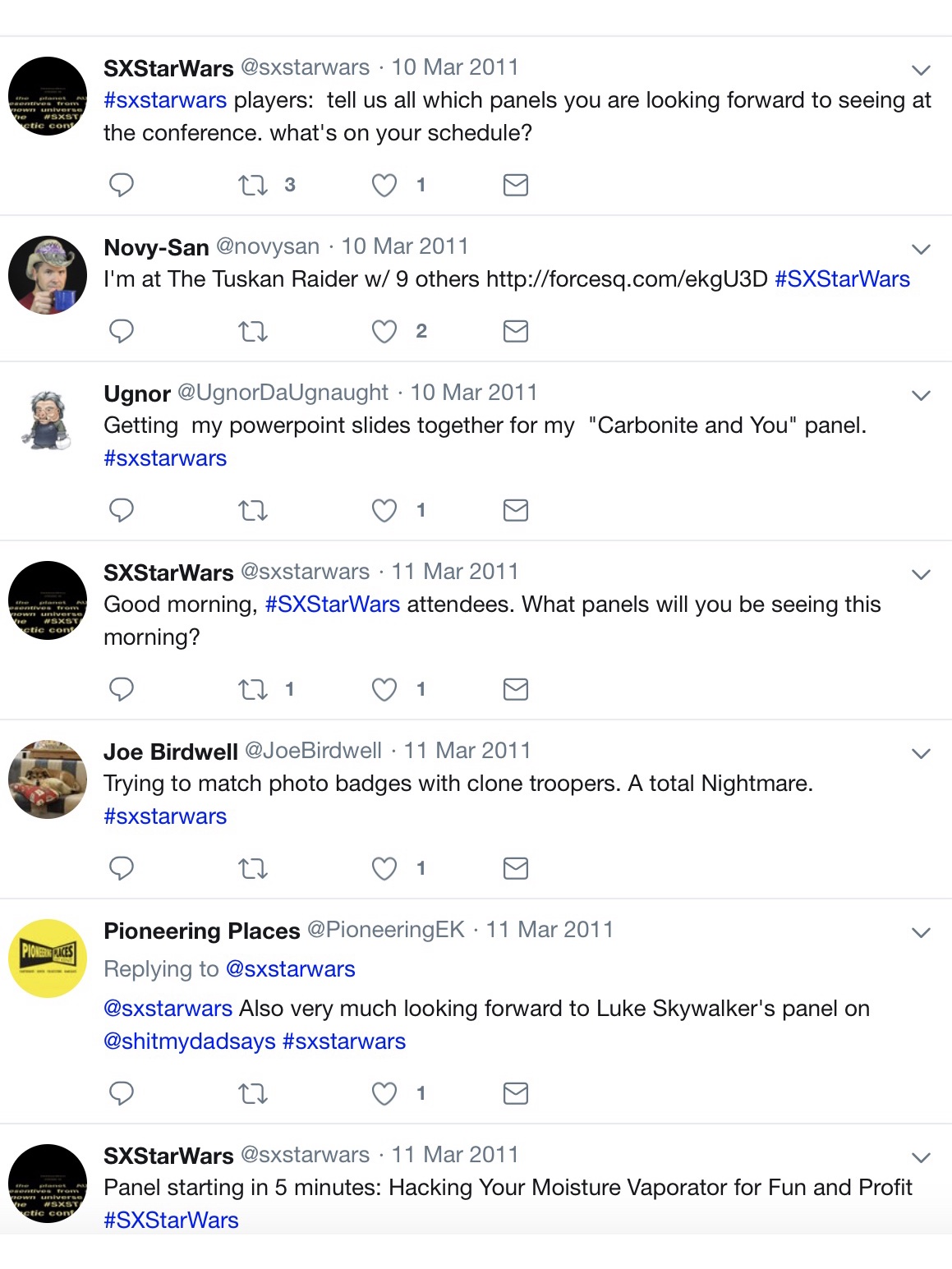 Screenshot from the #SXStarWars 2011 Twitter event at SXSW, a fictional conference in the Star Wars universe. It shows the @SXStarWars account announcing an in-fiction panel titled 'Hacking Your Moisture Vaporator for Fun and Profit' and a reply from @PioneeringEK looking forward to Luke Skywalker's panel, with #sxstarwars hashtag throughout.