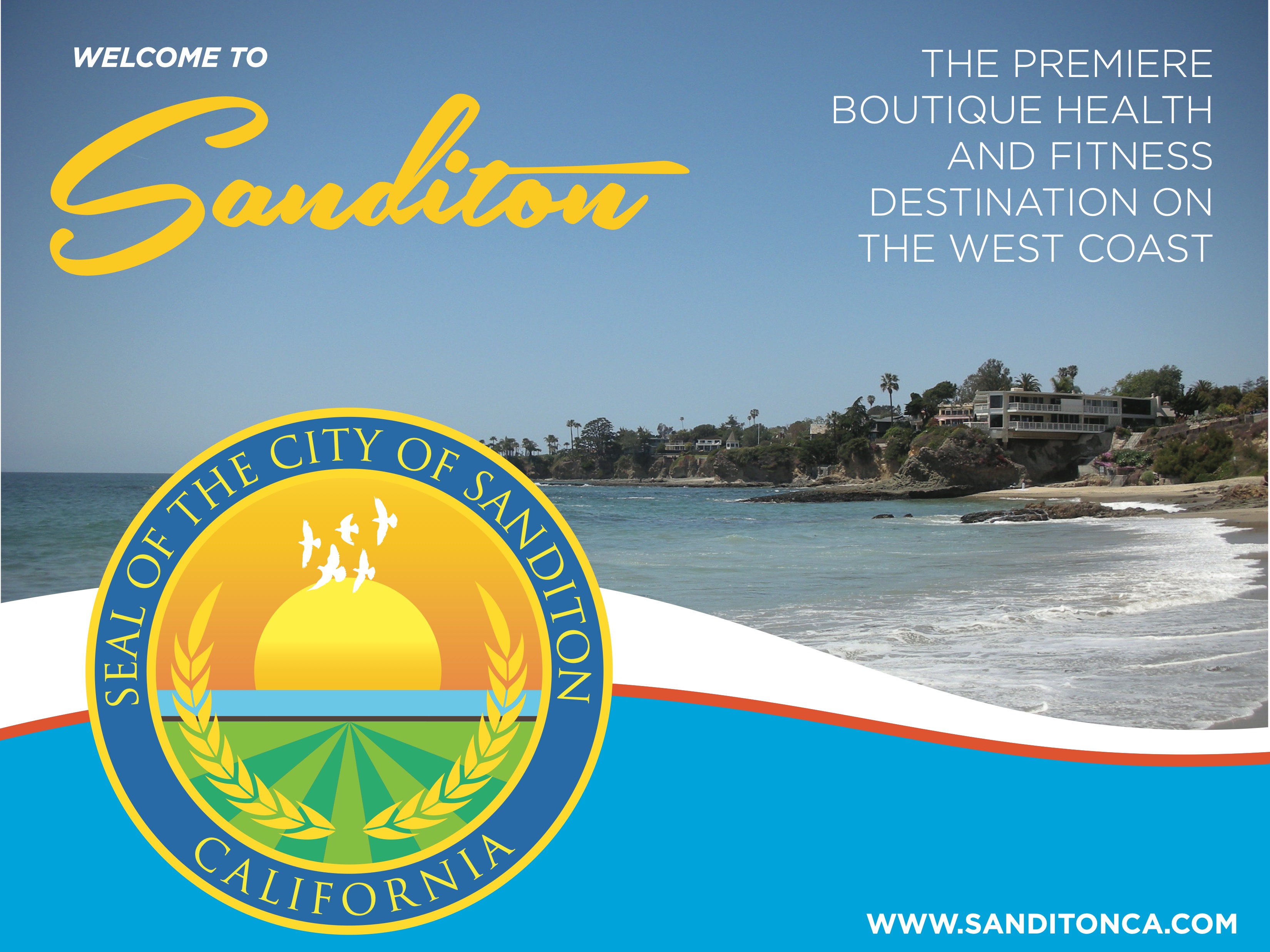 Promotional image for Welcome to Sanditon, featuring a brochure advertising Sanditon, California as 